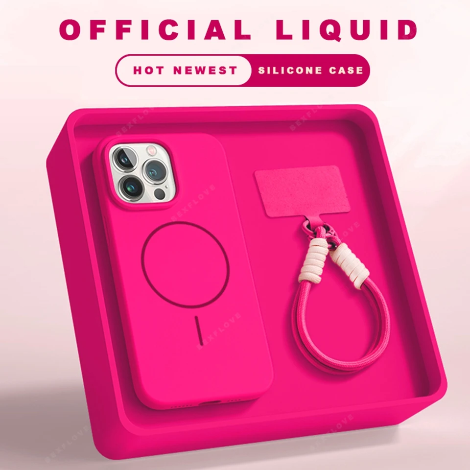 Nuova custodia per telefono con cordino magnetico per iPhone 15 14 16 Plus 11 12 13 16 Pro Max Magsafe protezione cinturino in silicone liquido copertura morbida