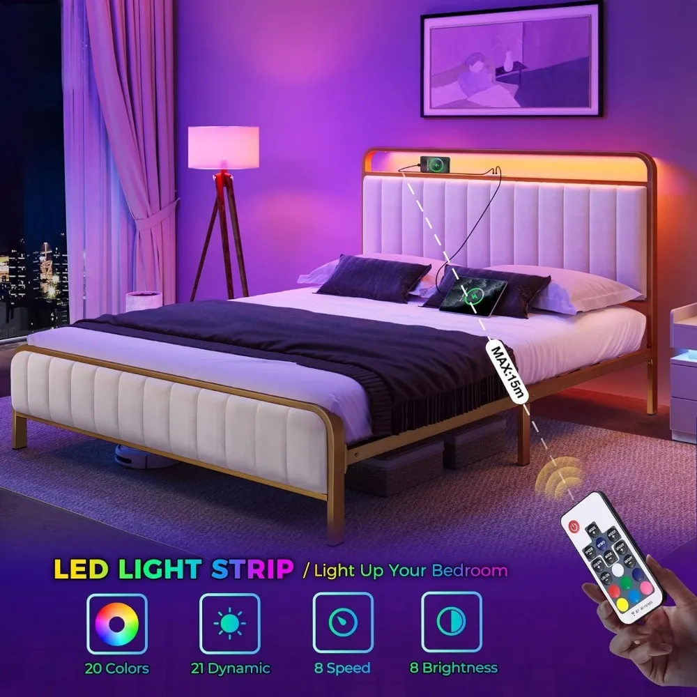 Groot bedframe met LED-licht en laadstation, gestoffeerd hoofd- en voeteinde, metalen lattenbodem