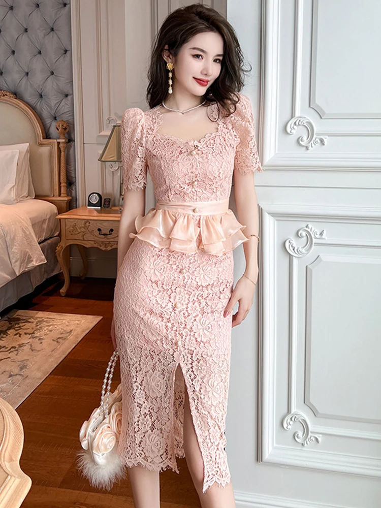 Summer Dress Women 2023 Sweet Fairycore Sexy Midi Dresses Pink Sheer Lace Hook Flower Ruffles Split Robe Lady Prom Party Vestido