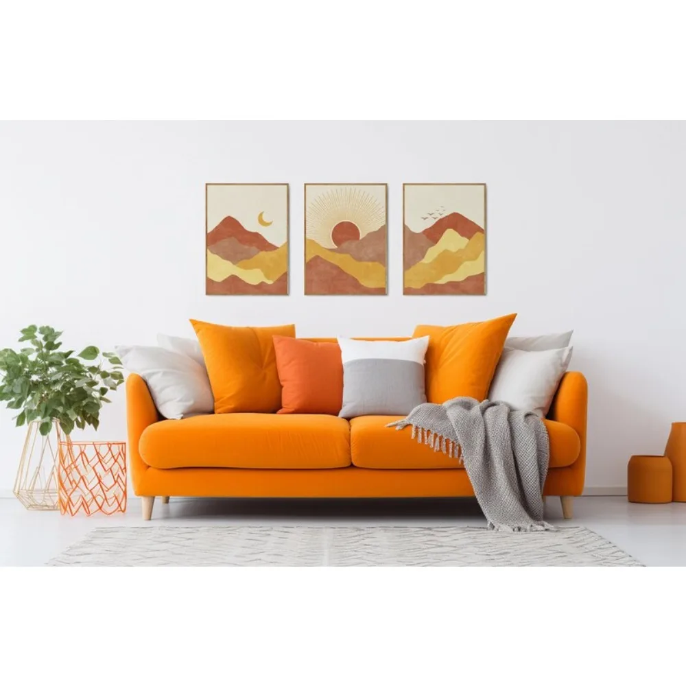 Frameless Gable Art,Bohemian Wall Art Set 3 Prints,Mustard Yellow and Terracotta Wall,Sun and Moon,Fashion Printable Wall Art