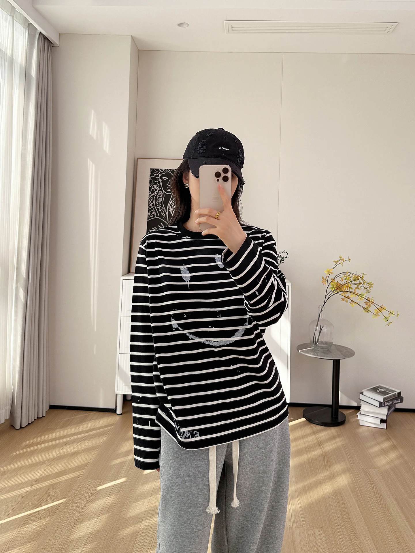 

Loose Fit Long Sve round Ne Cotton T-irt Women's Casual Sle High Quali Striped fiti Print Slimming Base Layer Top