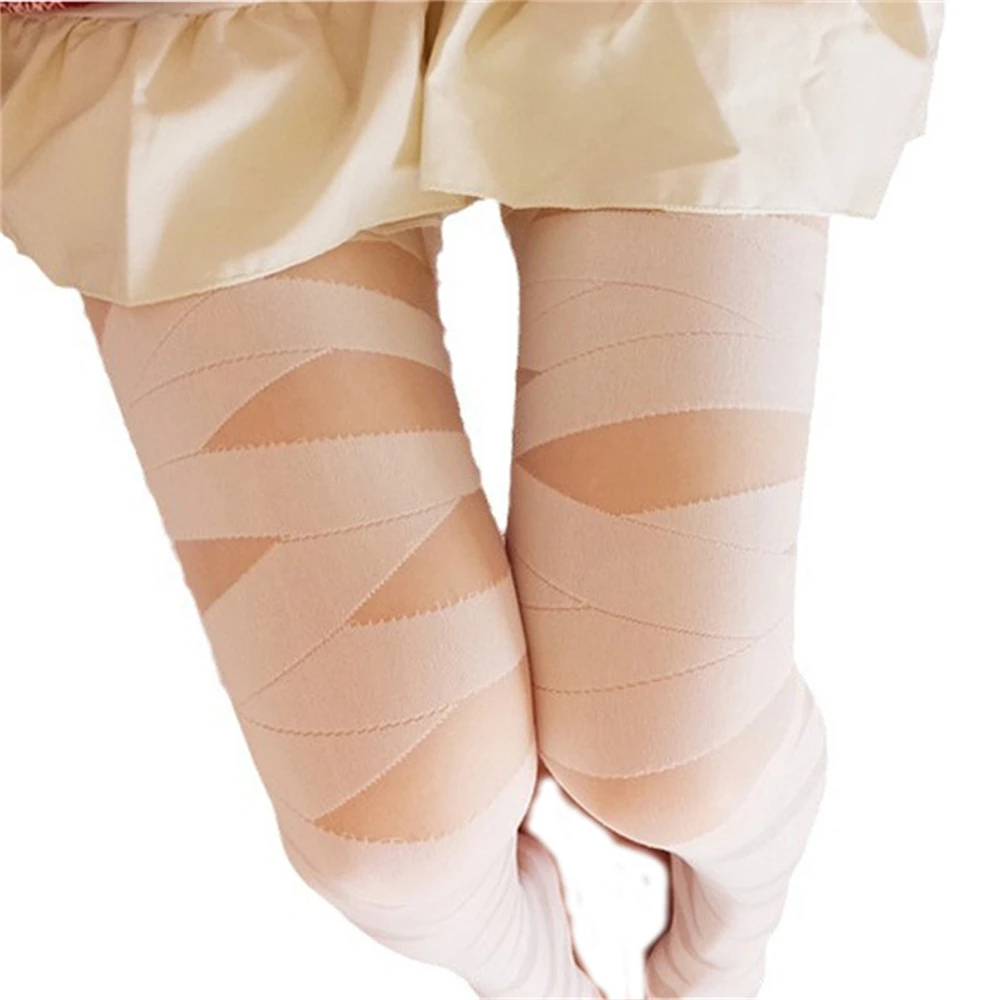Hot Girls Lolita Crossed Bandage Printed Thin Pantyhose Stockings Milky White Thighs Tight Socks JK Uniform Cosplay Accessories