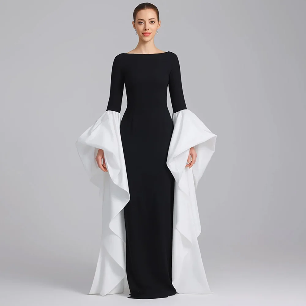 

Customized Crew Neck Long Sleeves Flare Sleeve Evening Dress Formal Celebrity Gowns High Quality Contrast Color Party Dress