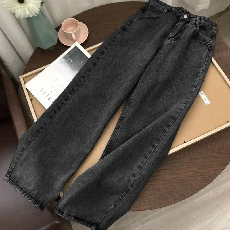 Jean taille haute en denim pour femme, pantalon large, style streetwear, à la mode