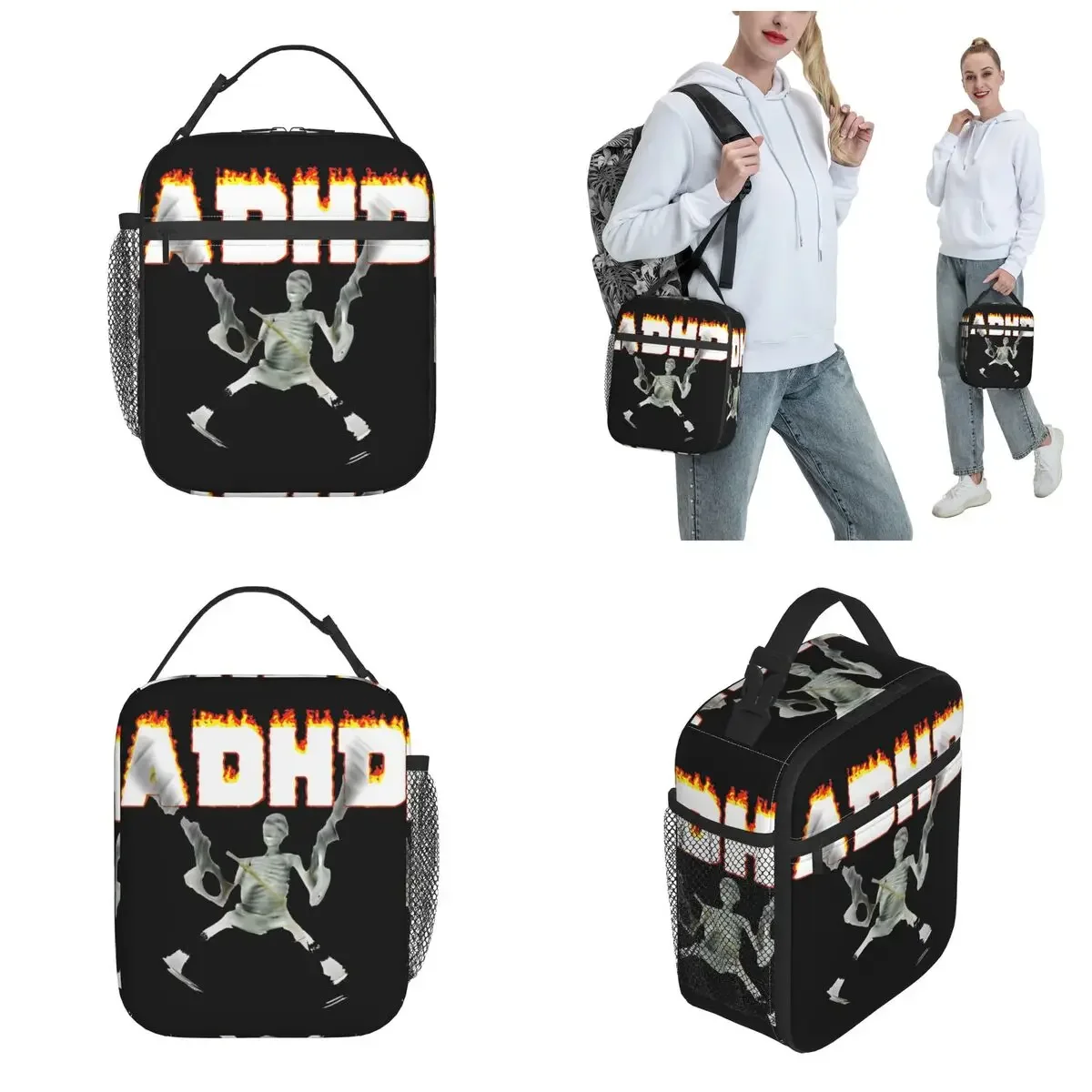 Funny ADHD Skeleton Meme Product Insulated Lunch Bag For Travel Food Storage Bag Portable Cooler Thermal Lunch Box