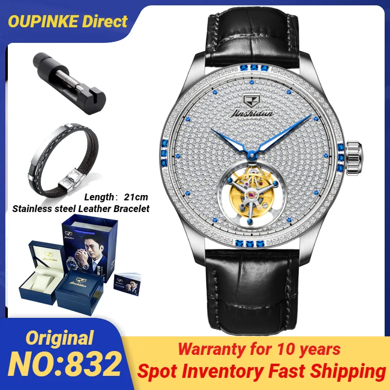 JSDUN 832 Tourbillon Men's Watches Tourbillon Automatic Movement Full Diamond Mechanical  Watch for Men Waterproof Leather Strap