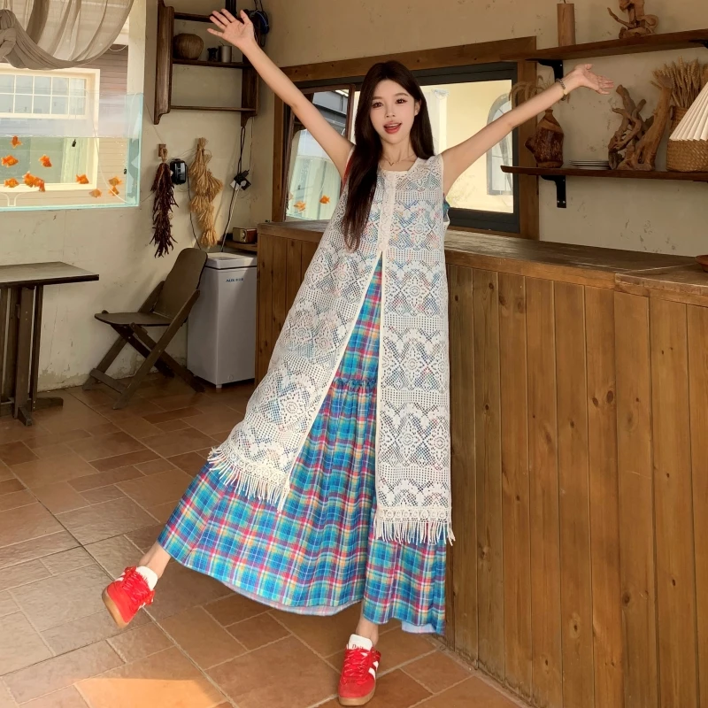 

plus Size Women's Faionable Lace Cover up Top And Dr Slimming Plaid Strapl Gown Two Piece Set Summer Collection