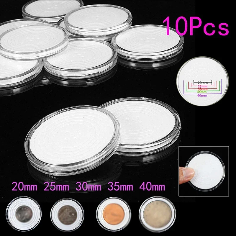 10Pcs/Box Coin Box Clear 20 ~ 40mm Round Boxed Holder Plastic Storage Capsules Display Cases Collectibles Gifts Make Up Box