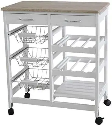 

Kitchen Island Dining Cart with Lockable Wheels and Drawers, Mobile Storage Basket Open Shelf Countertop, Serving Utili