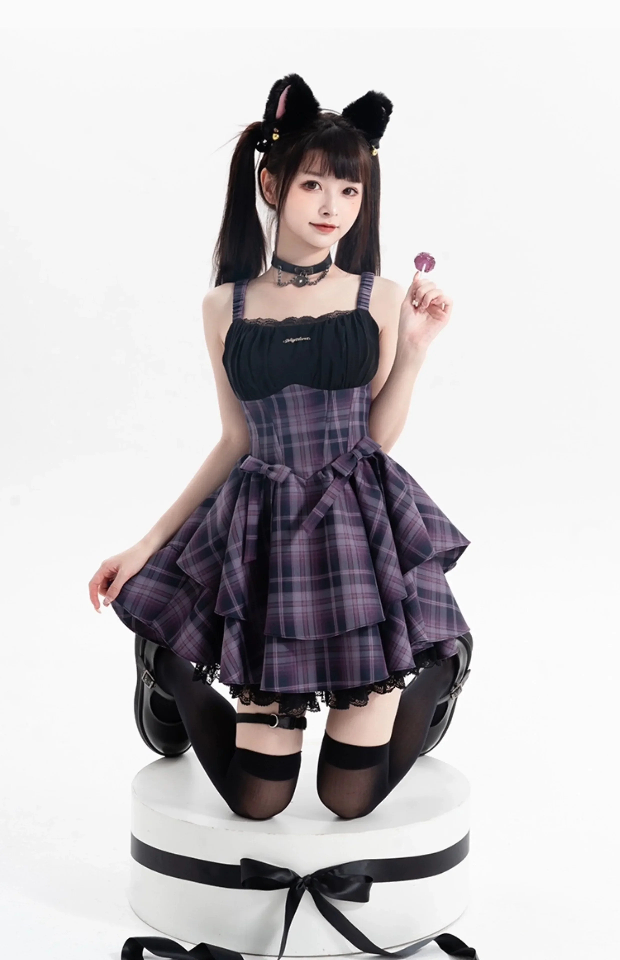 

2025 Sweet Cute Lolita Ball Gown Dress Kawaii Bow Slim Lace Stitching Plaid Dress for Women Hot Girl Y2K Mini Dress Summer New