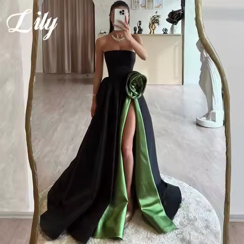 Lily Green Strapless Prom Dresses High Split Sleeveless Evening Dress A-Line Pleat Appliques Satin Party Dress 프롬 드레스 Customized