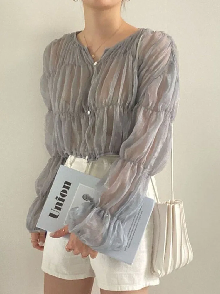 Korean Fashion Pleated Casual Blouse Women Summer New Loose Folds Perspective Chiffon Shirt Long Sleeve Tops Blusas Mujer 15624