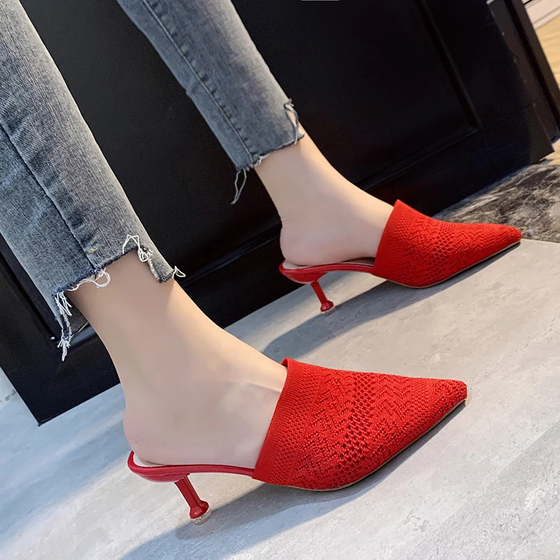 Knit Mesh Breathable High heels Mules slippers women New summer shoes women Pointed Toe Thin Heels Fashion Party ladies shoes