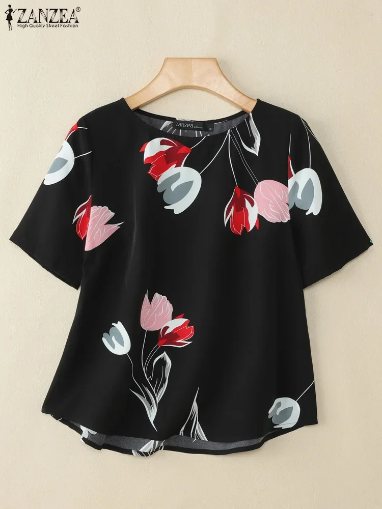 ZANZEA 2025 Blusas estampadas Vintage de verano para mujer, Tops de manga corta, Blusas informales con cuello redondo, Blusas de trabajo, Túnica Boheamin, camisas holgadas para vacaciones