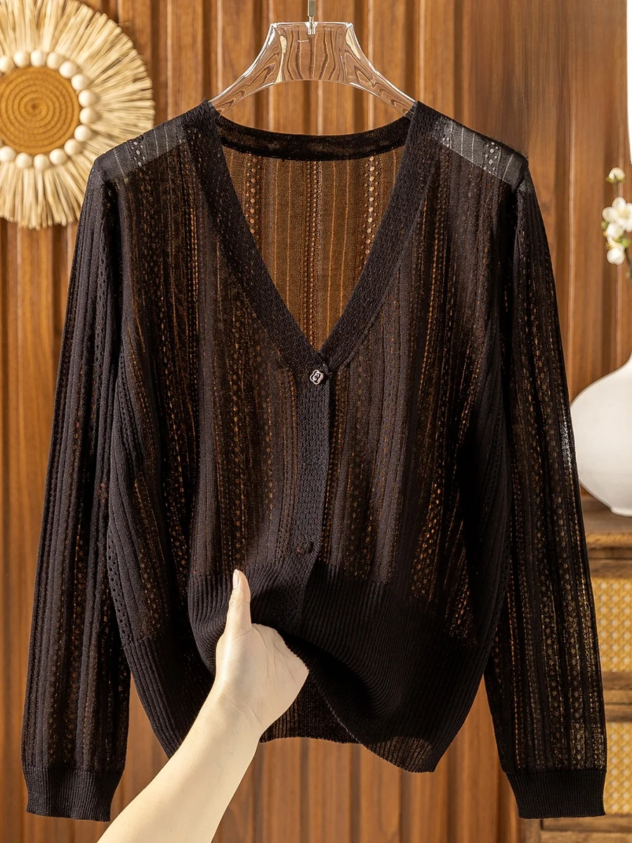 Cienka dzianinowa bluzka z jedwabiu lodowego damska letnia z dekoltem w serek chroniąca przed słońcem długi rękaw klimatyzacja lub otwarty kardigan odzież wierzchnia Hollo...