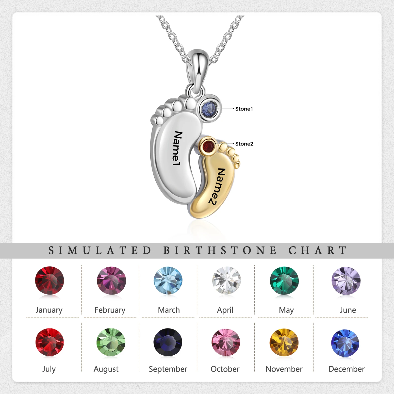 Personalized Baby Feet Pendant with 2 Birthstones Gold & Silver Color Custom Name Engraved Necklace Mothers Day Gifts for Her