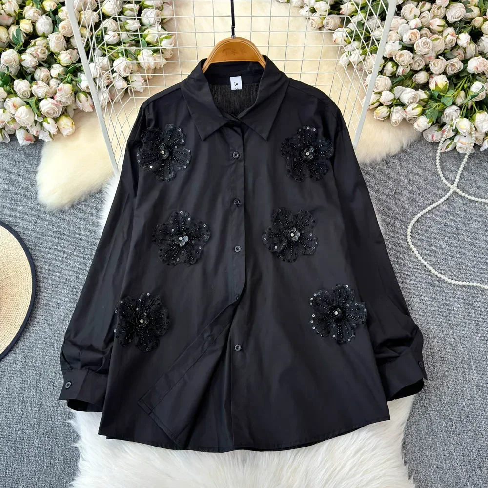 Basics Long Sleeves Polo-neck Chic Floral Rhinestone Loose Single Breasted Top Korean Streetwear High Street Autumn Women Blouse