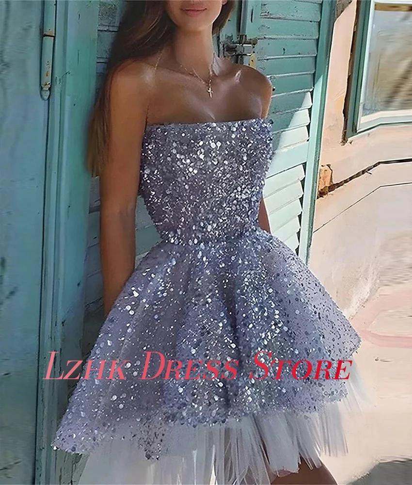 맞춤형 럭셔리 스팽글 A라인 이브닝 드레스 고품질 민소매 스트랩리스 여성용 맞춤 제작 드레스