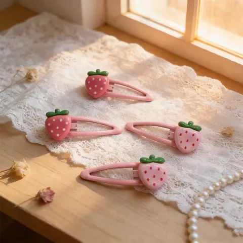 Sweet Pink Strawberry Hairpin 2Pcs Set of Lovely Hair Clip for Girls, Perfect for Styling Bangs or as Hair Accents, Durable Snap