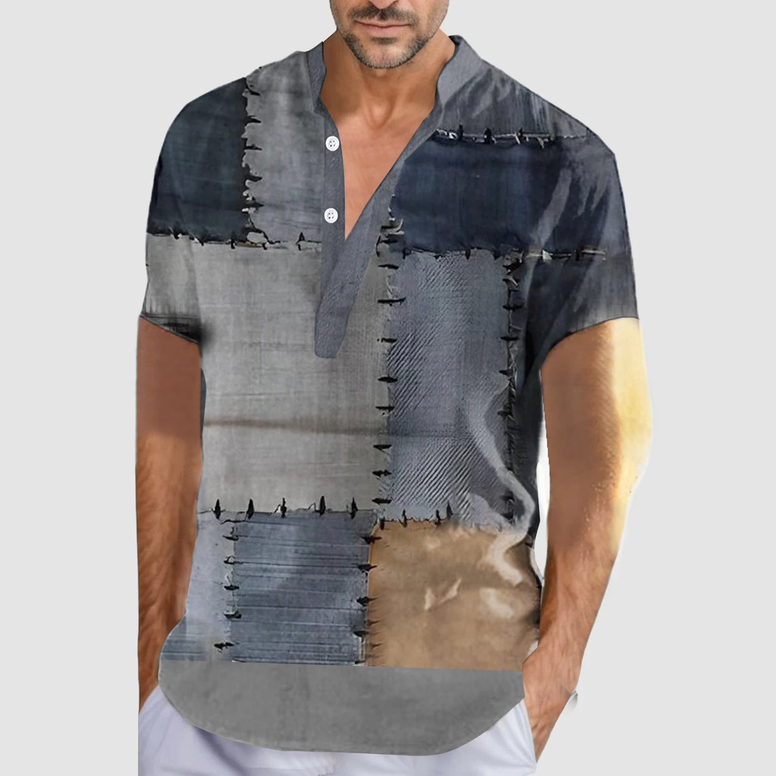 Color Block Patchwork 3D Print Henley Shirts Men\'s Vintage Button Stand Collar Short Sleeve T Shirt Male Tees Tops Man Clothing
