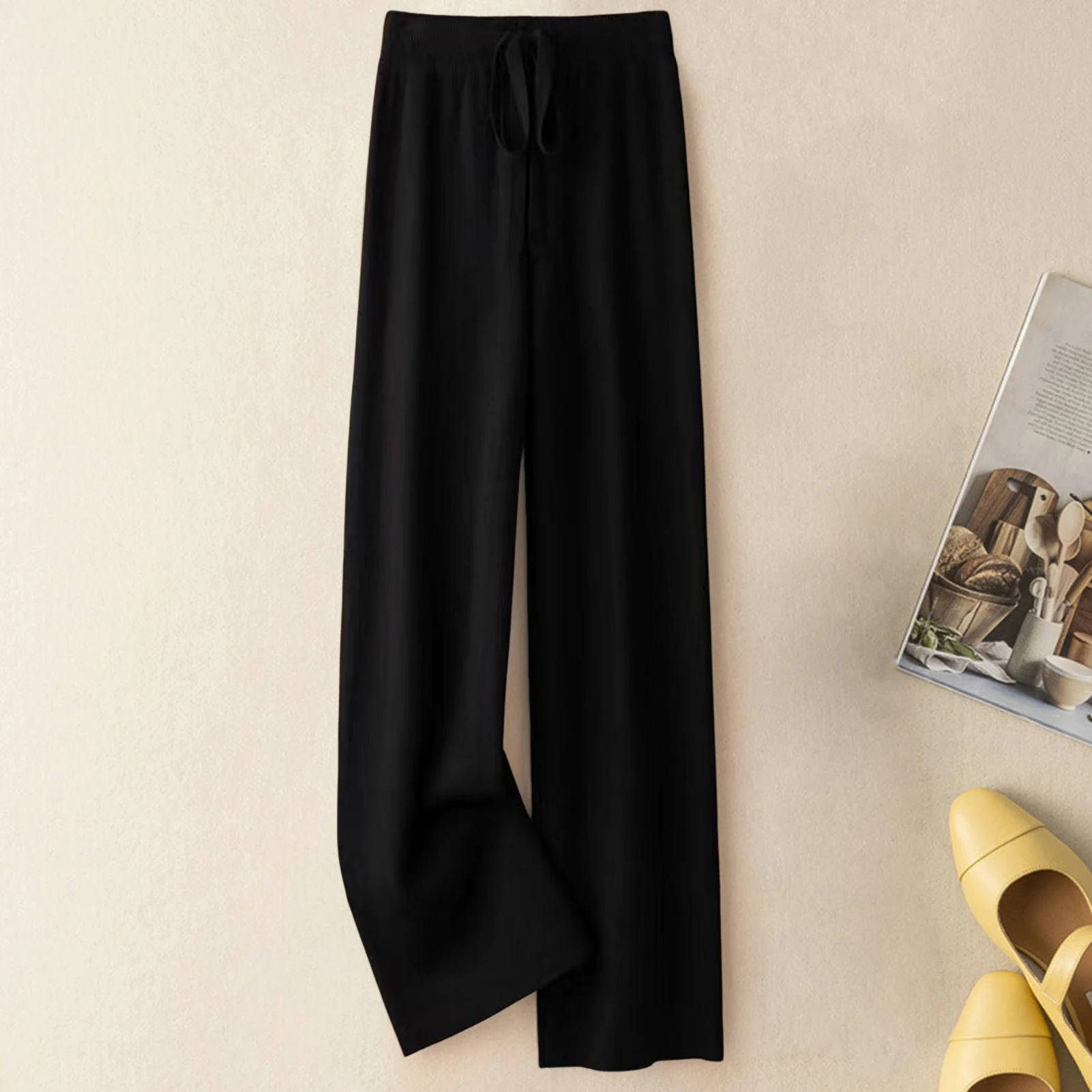 2025 ผ้าม่านสูงเอวกางเกงขากว้างผู้หญิงฤดูใบไม้ร่วงฤดูหนาว Casual หลวมถักกางเกงขาตรง LACE-up ผู้หญิงกางเกง