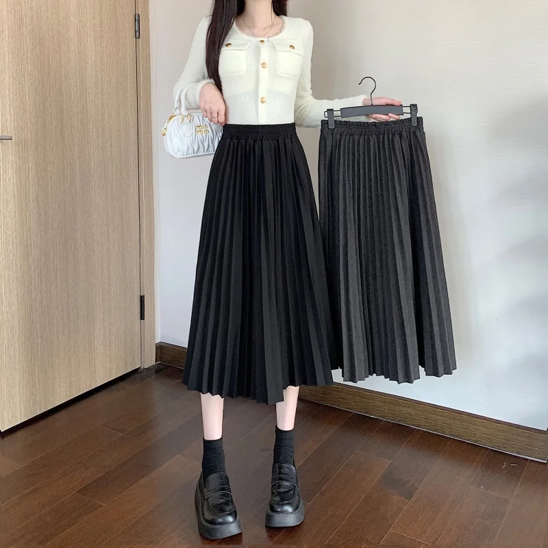 

Зимняя юбка женская шерстяная средней длины корейская осень ретро однотонная толстая модная повседневная универсальная плиссированная юбка