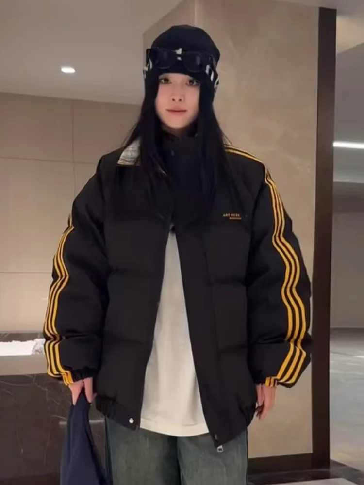 

Couples Cotton Jaet ort Bread Sle Stand Collar Winter Warm Thiened Polyester Fiber Casual Youth Faion Striped Color...