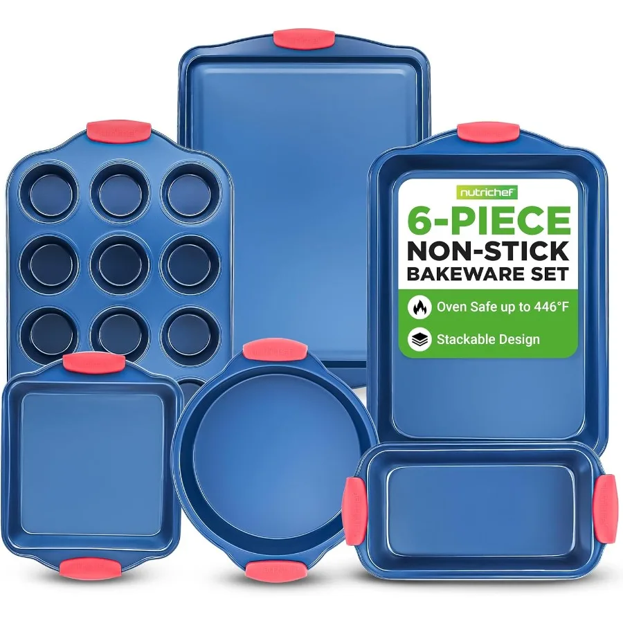 

6Piece Non Toxic Bakeware Set Carbon Steel Baking Pan Includes Cookie Muffins Loaf Bread Round and Square Pans NonStick Easy Re