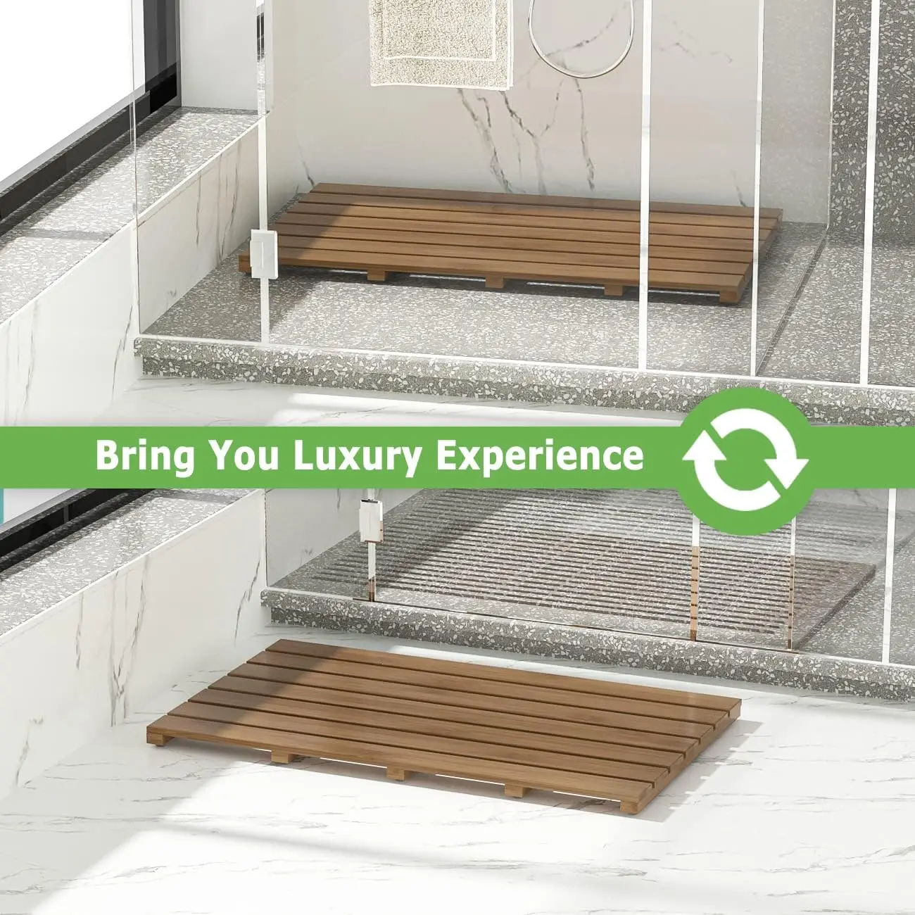 Bamboo Wooden Bath Floor Mat for Luxury Shower - Non-Slip Bathroom Waterproof Carpet for Indoor or Outdoor Use (Walnut,31.3 x 18