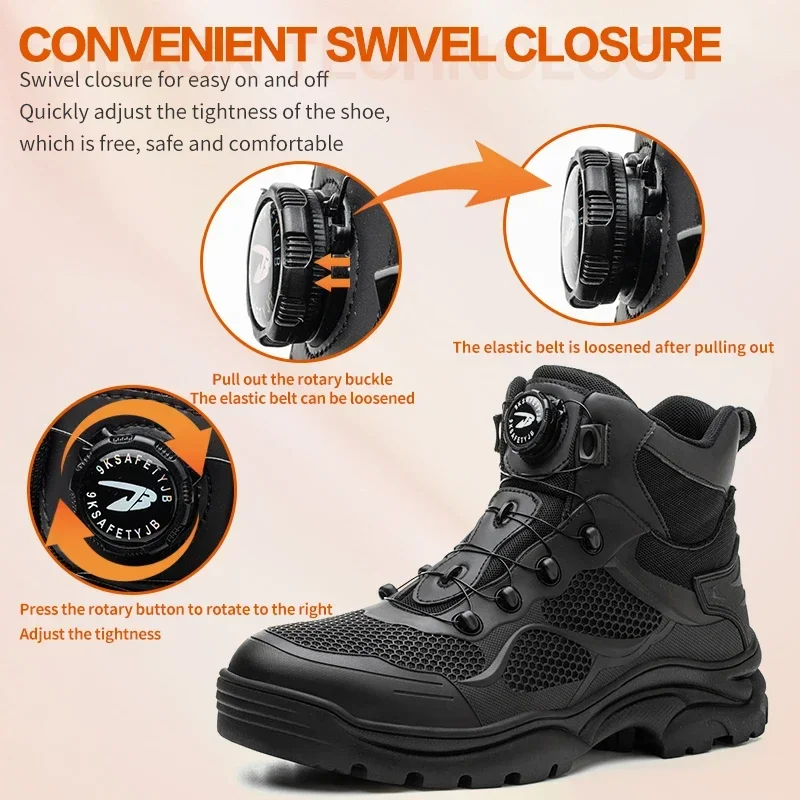 Rotary Buckle Work Boots Safety Steel Toe Shoes Men Breathable Safety Sneakers Indestructible Puncture-Proof Work Footwear