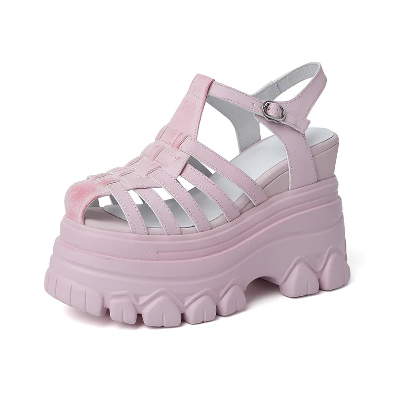 New 12cm Pumps Shoes Women Genuine Leather Wedges High Heel Gladiator Sandals Female Round Toe Fashion Sneakers Casual Shoes