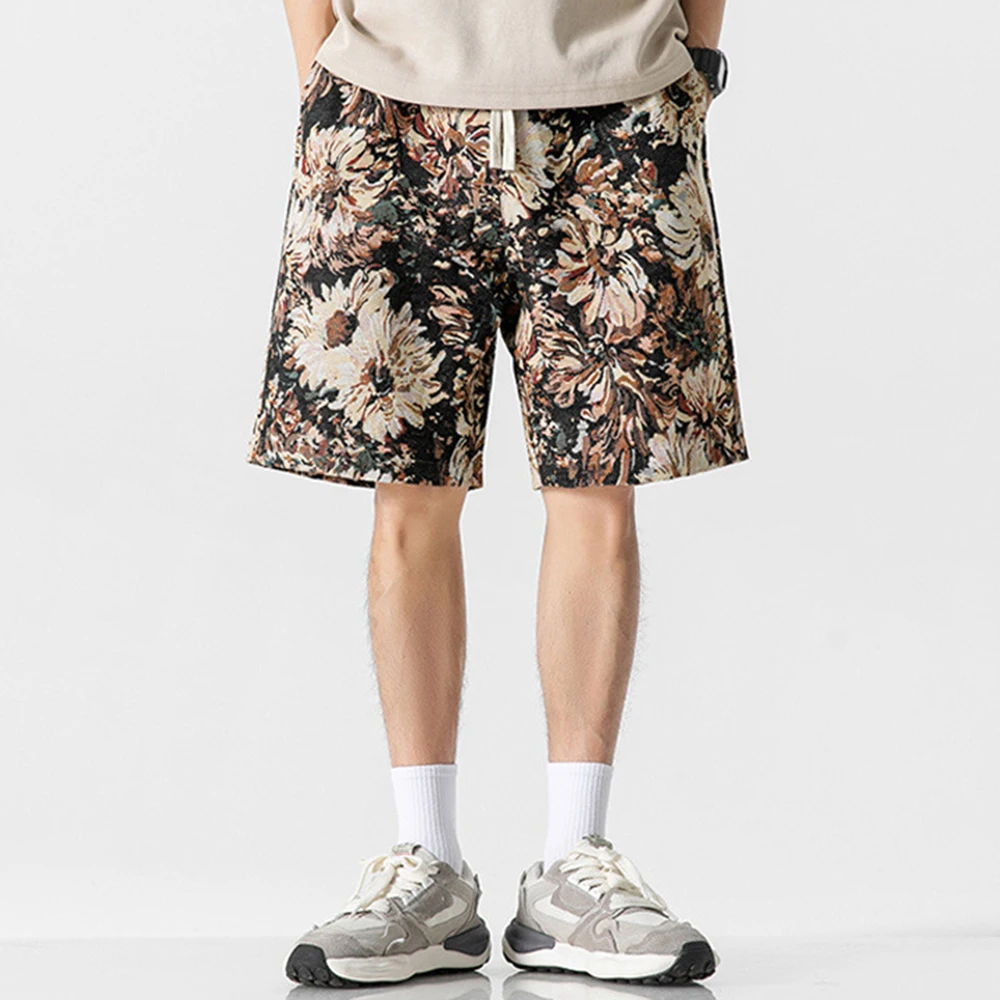 Vacation Loose Casual Shorts Summer Elastic Waist Sports Short Pant Men Vintage Flowers Baseball Shorts Embroidery Streetwear