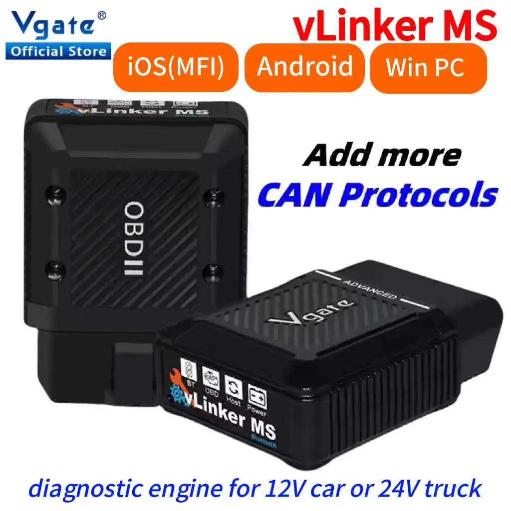 

2026 Upgraded Vgate vLinker MS Bluetooth Car OBD2 Scanner Work in 12V or 24V Supports HS-CAN, MS-CAN, SW-CAN, CH-CAN, LS-CAN
