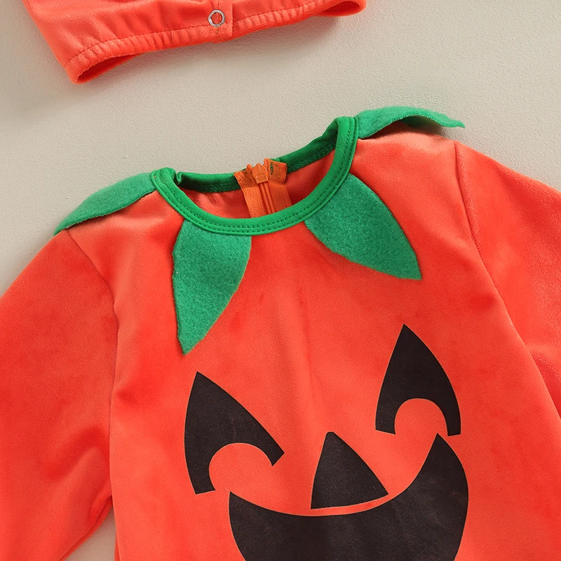 

Baby Halloween Rompers Newborn Girl Boy Pumpkin Face Print Long Sleeve Jumpsuit Hat Infant Round Neck Bodysuit Costume