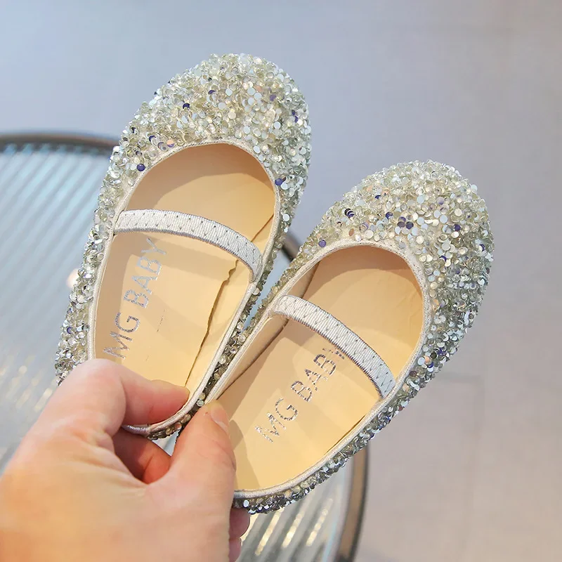 Girls Leather Shoes for Wedding Party Bling Glitter Rhinestone Kids Flats Children\'s Princess Shoes Classic Fashion Dress Shoes