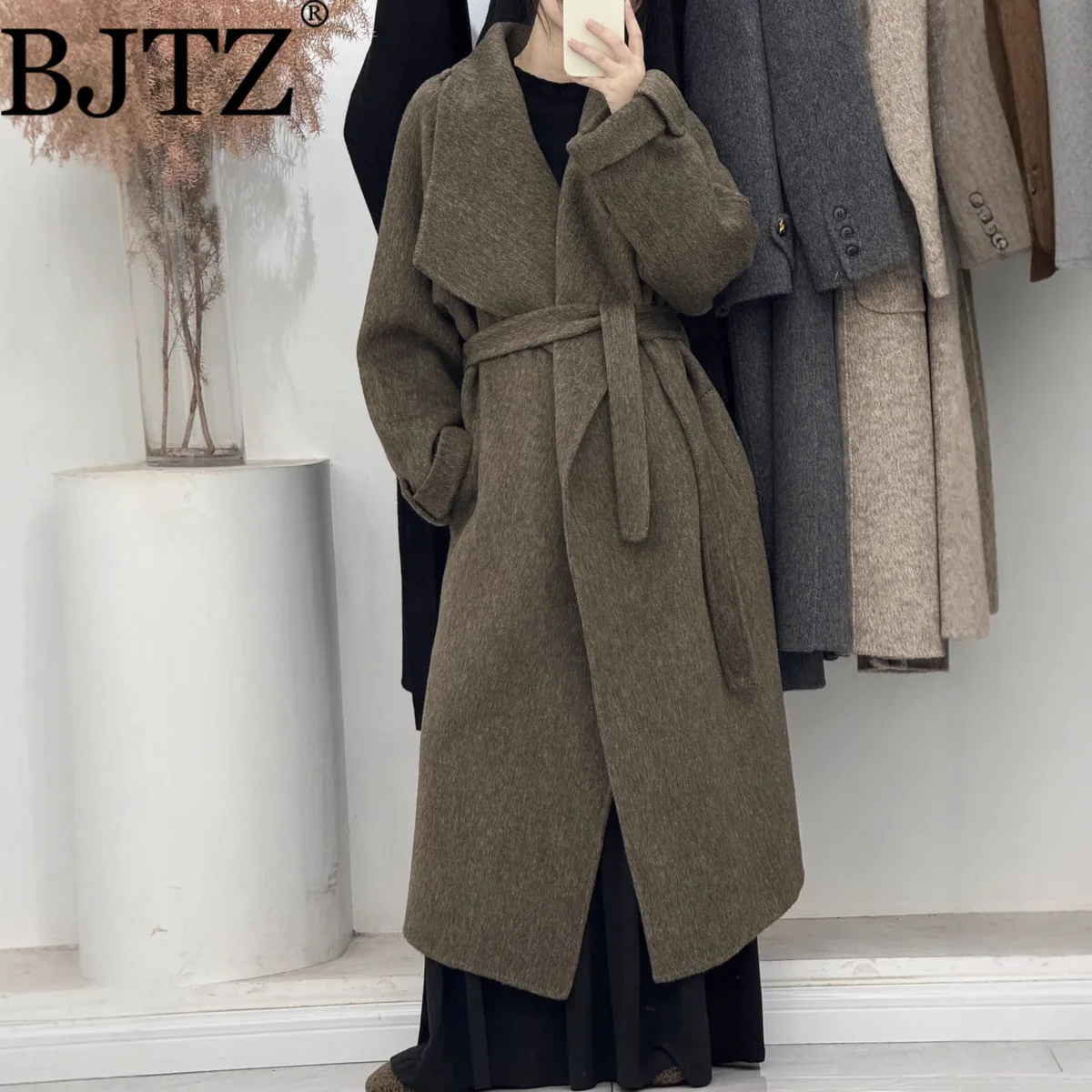 

BJTZ Autumn Winter New Wool Coat For Women Double-Sided Cashmere Coat High-End Elegant Lace-Up Extended Woolen Jacket