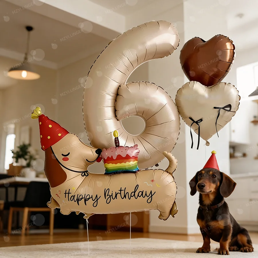 Geburtstags-Cartoon-Dackel-Ballon-Set, herzförmiger Ballon für Geburtstagsfeiern und Jubiläumsdekorationen, Foto-Requisiten – Detail 8