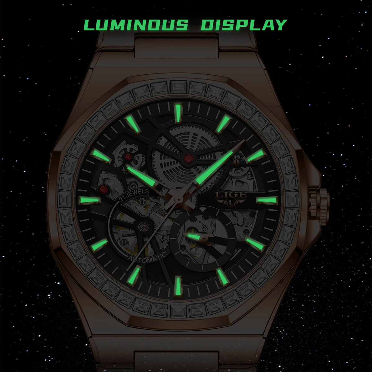 LIGE Band High-end Luxury Mens Watches Automatic Movement octagon Man Watch Stainless Steel Mechanical Skeleton Male WristWatch