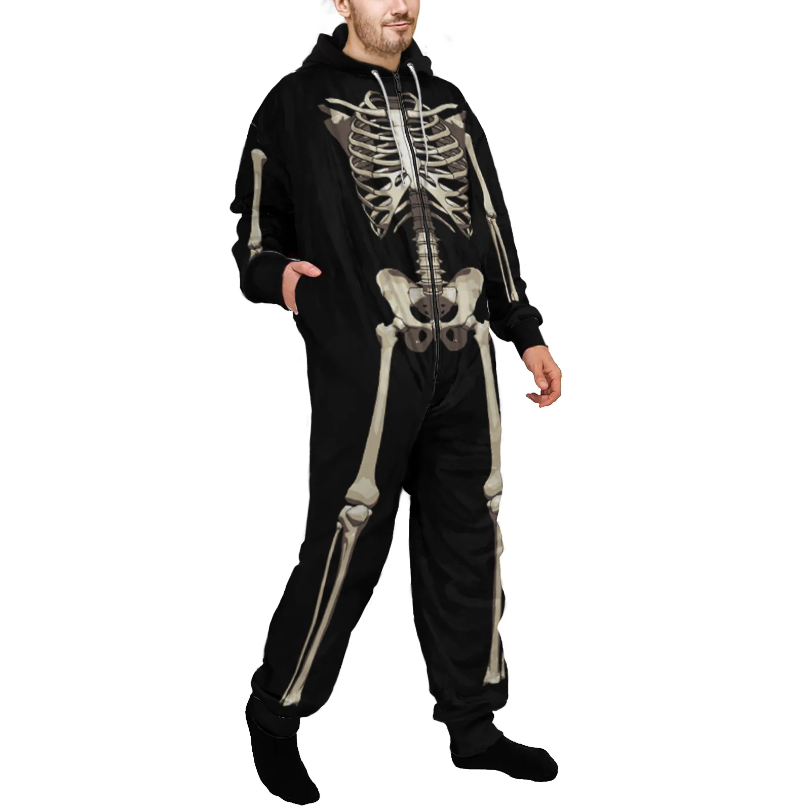 One Piece Pajamas Men Homewear Sleepwear Hooded Jumsuits Zipper Onesies Casual Halloween Black Skeleton Print Pyjamas