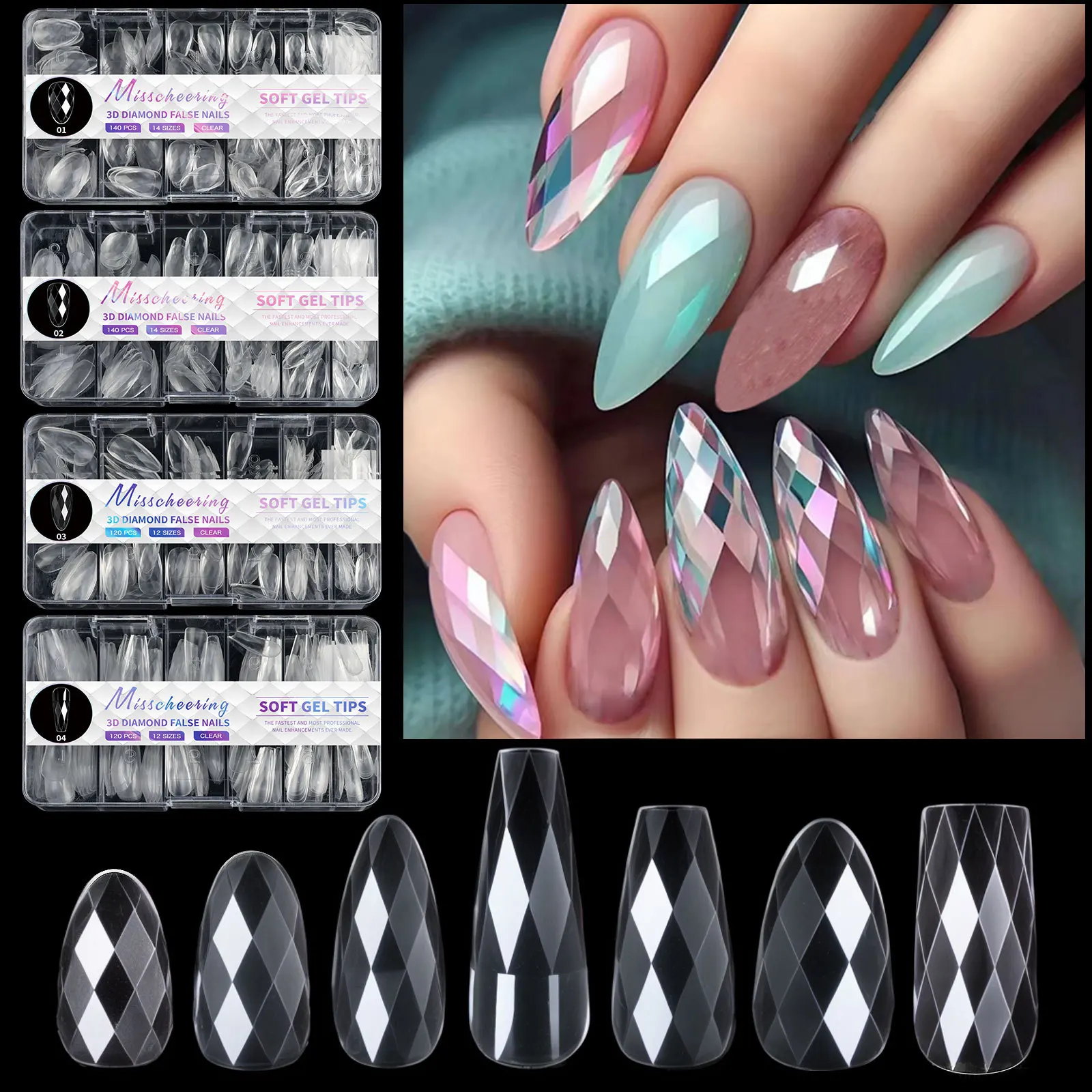 3D Rhombus Almond Nail Ballet Nail Wearing Irregular Nail Art