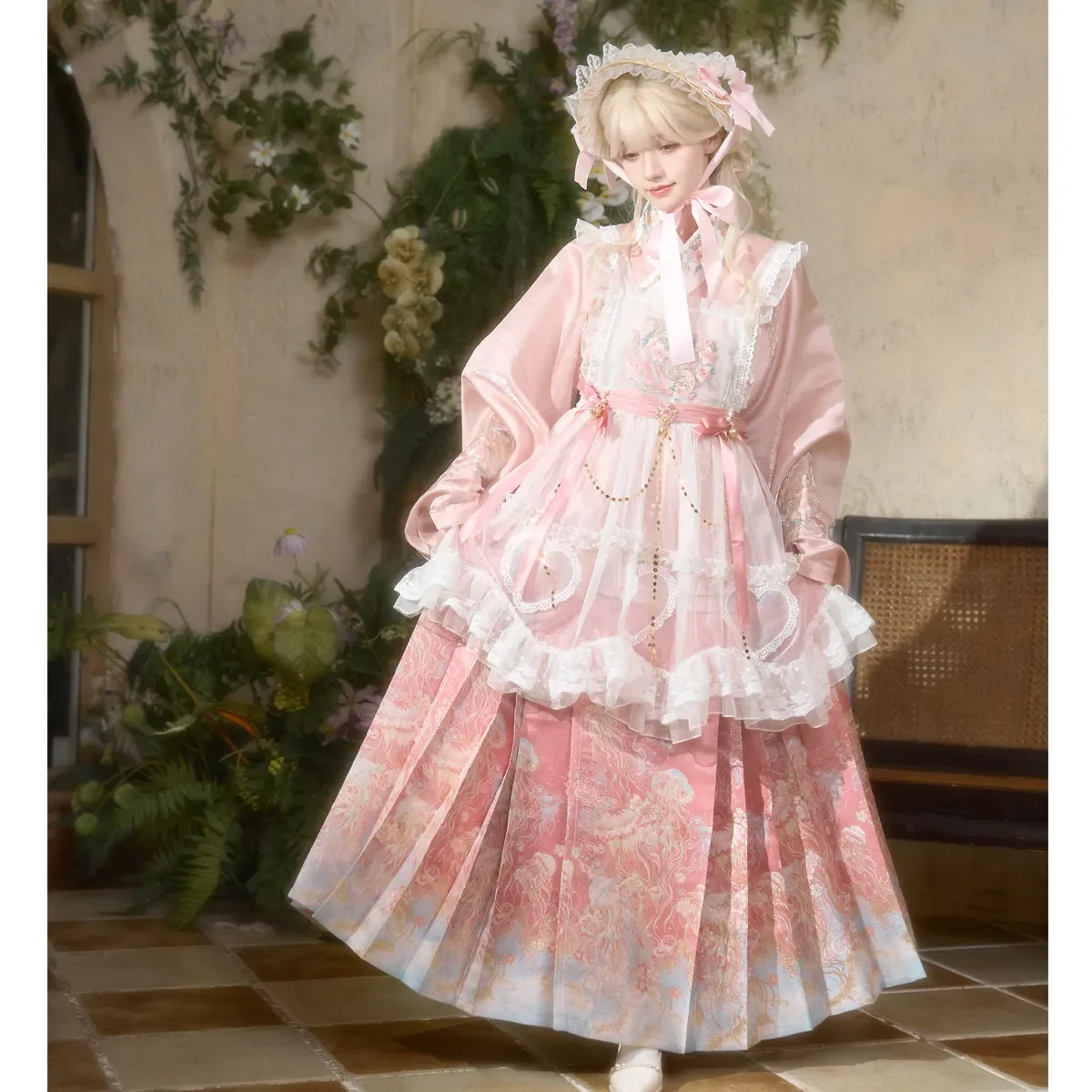 Han‑y Fusion Hanfu Set Pink Ming Style Horse Face Skirt Lace Overlay Skirt Embroidery Blouse Vintage Cosplay Costume