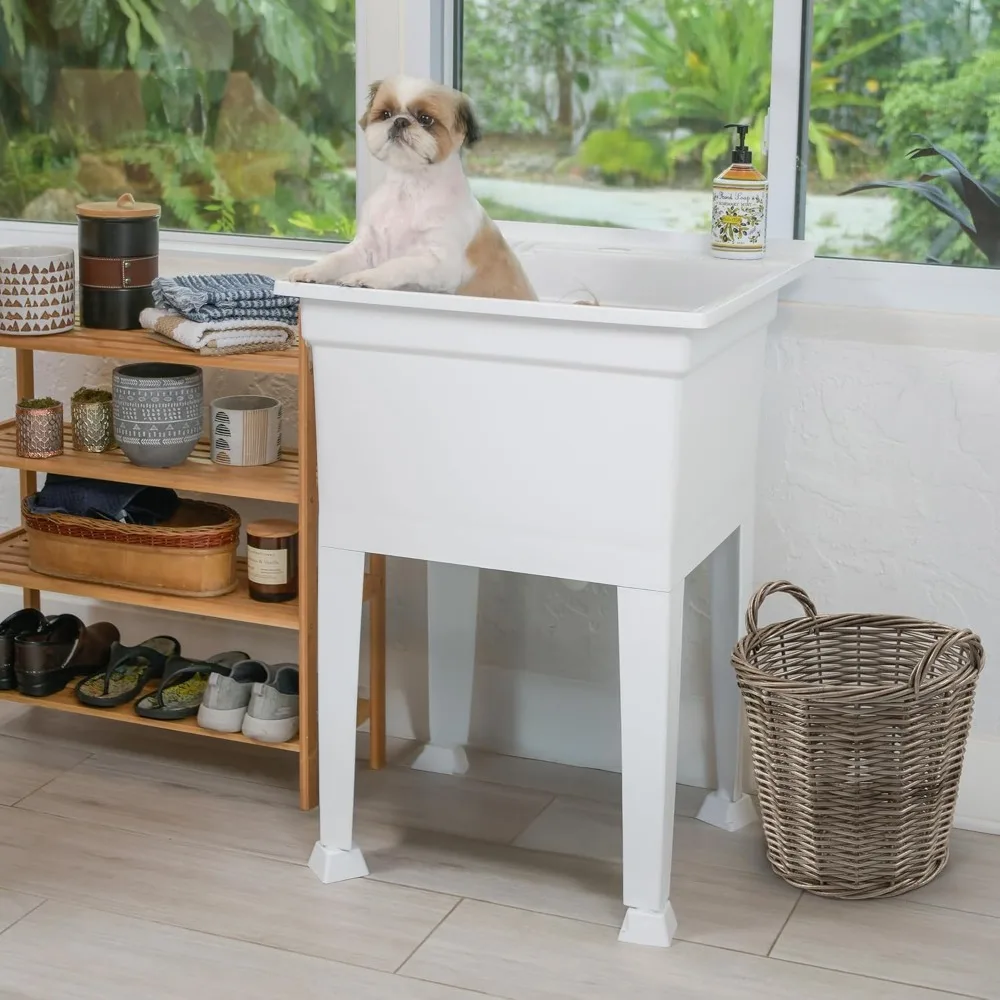 배수 플러그, 높이 조절 장치, 5단계 간편 설치 과정이 포함된 견고한 독립형 유틸리티 싱크대