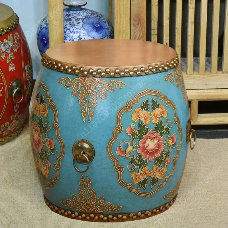 Chinese Style Drum-Shaped Stool, Hand-Painted Peony Decorative Accent Stool, Multi-Functional Drum Seat for Home & Tea Room