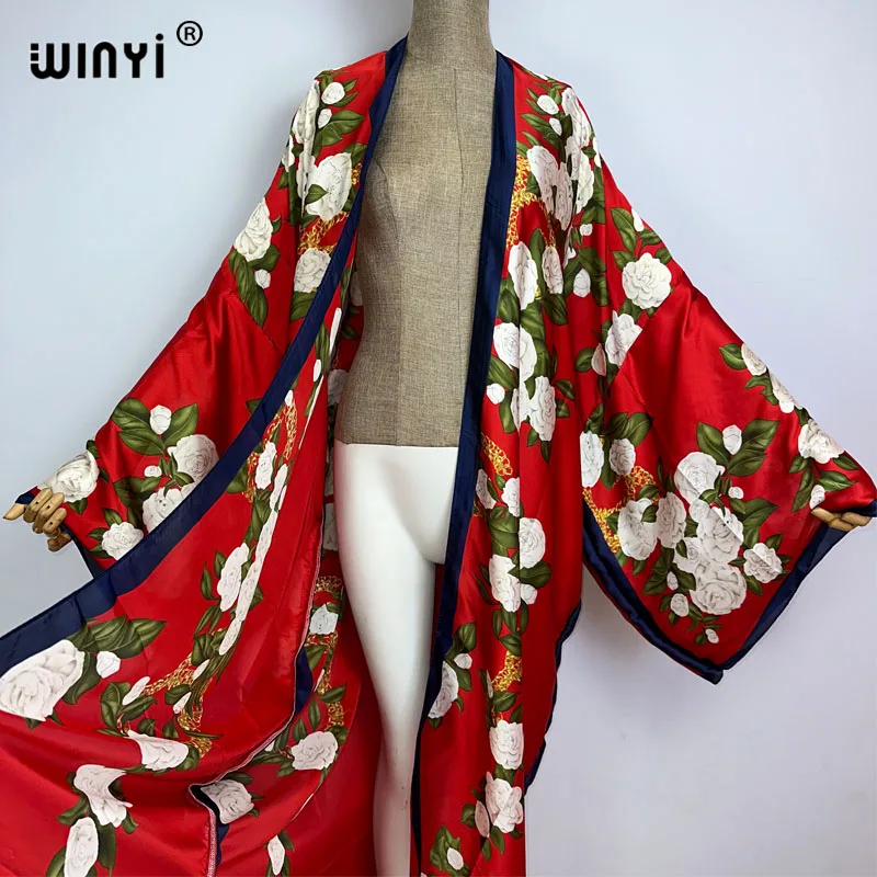 WINYI Bohemian Printed Bikini Cover-ups Elegant Kimono Blog Holiday Party Dress Women Free Size Beach Wear Swim Suit Cover Up
