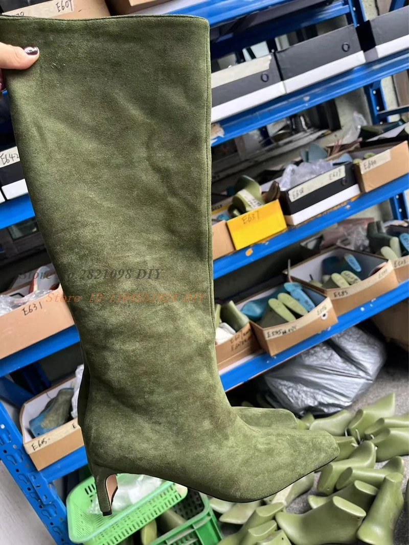 

Tan Solid Color Suede Square Toe High Boots Women 5Cm Kitten Heel Comfortable Knee Length Long Boot High Heels