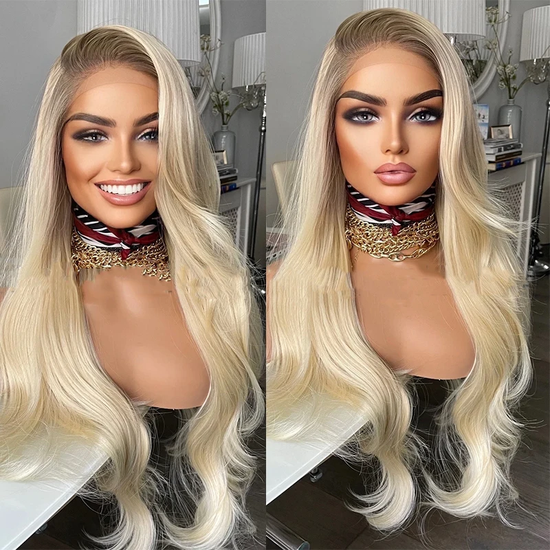 Rooted Blonde Synthetic Wig Golden Blonde Wig With Dark Roots 28 Inches Long Wavy Hair Heat Safe Wigs For Women Daily Party Use