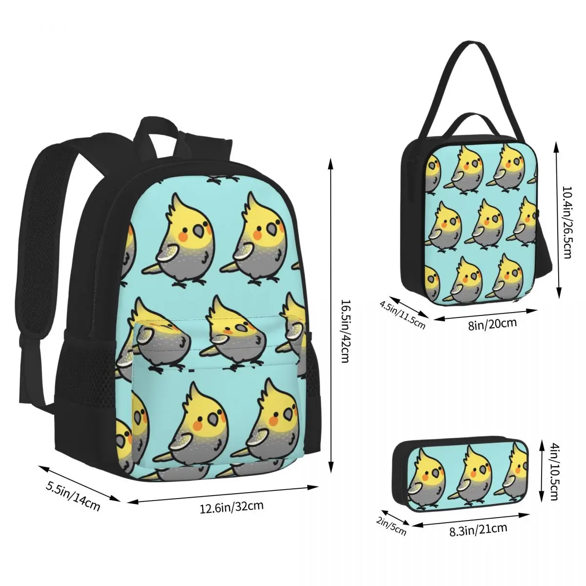 Chubby Pearl Cockatiel Backpacks Students Bookbag School Bags Rucksack Lunch Bag Pen Bag Three-Piece Set