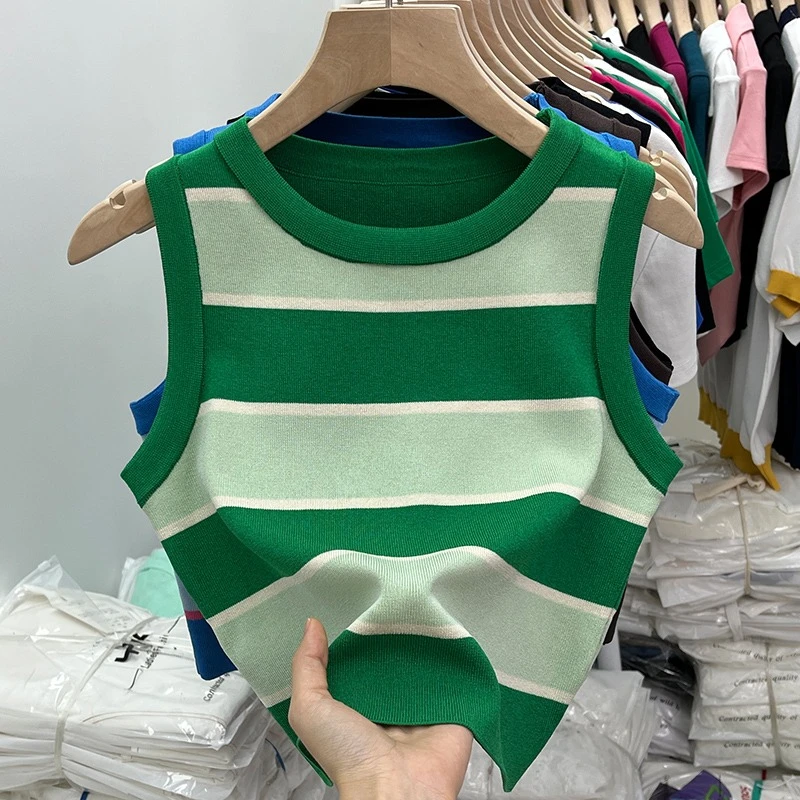 2026 Korean Style Versatile Striped Slim Tank Tops Women Summer Wearing Outside Fashion Sleeveless Top Women's Crop Tops