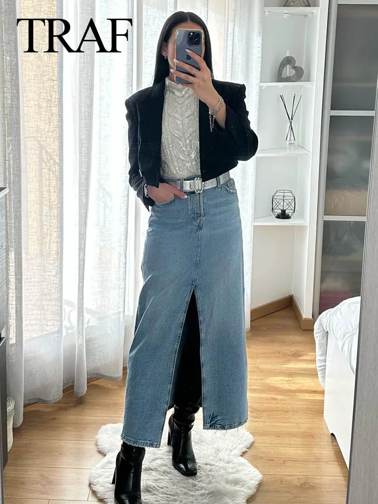 

TRAF 2024 Female Fashion Denim Skirt Casual Vintage Women Front Slit Blue Denim Pockets Slim High Waist Zipper Fly Midi Skirts