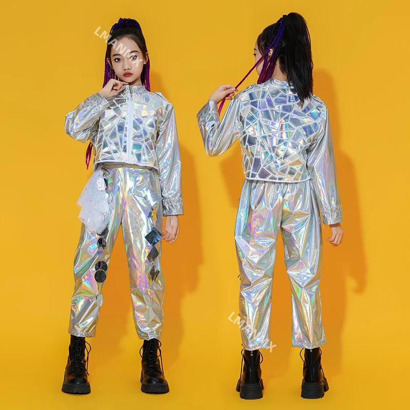 بدلة ليزر فضائية للأطفال، مجموعة رقص روبوتية، أزياء أداء عصرية للرجال والنساء باللون الفضي #4